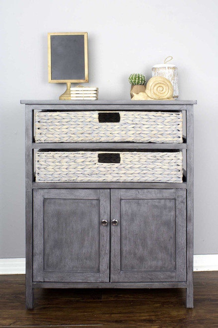 27" X 15" X 32" Grey Wood Mdf Water Hyacinth 2-Basket, 2-Door Accent Cabinet (354551)