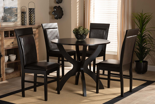 Ancel Modern And Contemporary Dark Brown Faux Leather Upholstered And Dark Brown Finished Wood 5-Piece Dining Set Ancel-Dark Brown-5PC Dining Set