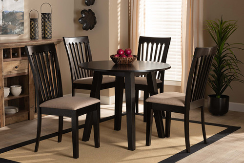 Maisie Modern And Contemporary Sand Fabric Upholstered And Dark Brown Finished Wood 5-Piece Dining Set Maisie-Sand/Dark Brown-5PC Dining Set