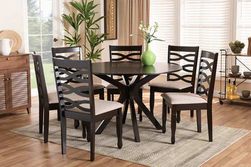 Mila Modern And Contemporary Sand Fabric Upholstered Dark Brown Finished Wood 7-Piece Dining Set Mila-Sand/Dark Brown-7PC Dining Set