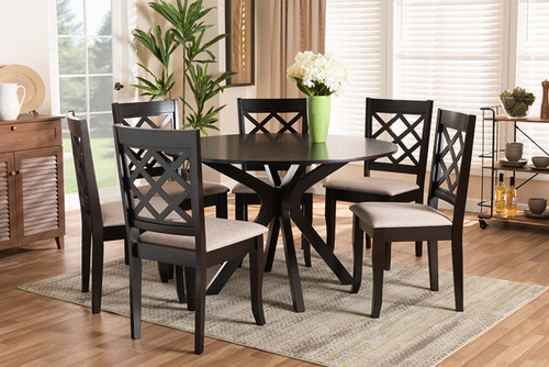Jana Modern And Contemporary Sand Fabric Upholstered And Dark Brown Finished Wood 7-Piece Dining Set Jana-Sand/Dark Brown-7PC Dining Set