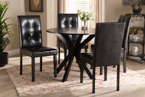 Marie Modern And Contemporary Dark Brown Faux Leather Upholstered And Dark Brown Finished Wood 5-Piece Dining Set Marie-Dark Brown-5PC Dining Set