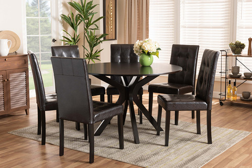 Marie Modern And Contemporary Dark Brown Faux Leather Upholstered And Dark Brown Finished Wood 7-Piece Dining Set Marie-Dark Brown-7PC Dining Set