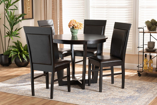 Irma Modern And Contemporary Dark Brown Faux Leather Upholstered And Dark Brown Finished Wood 5-Piece Dining Set Irma-Dark Brown-5PC Dining Set
