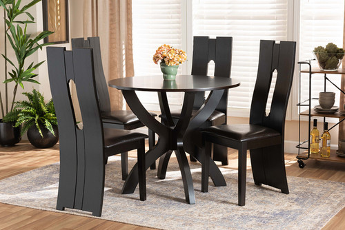 Ronda Modern And Contemporary Dark Brown Faux Leather Upholstered And Dark Brown Finished Wood 5-Piece Dining Set Ronda-Dark Brown-5PC Dining Set