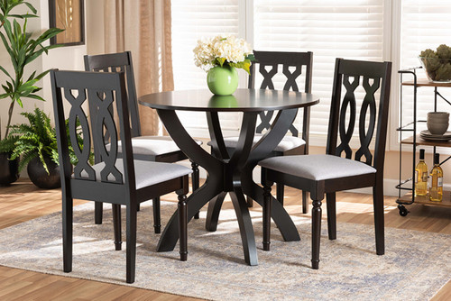 Mona Modern And Contemporary Grey Fabric Upholstered And Dark Brown Finished Wood 5-Piece Dining Set Mona-Grey/Dark Brown-5PC Dining Set