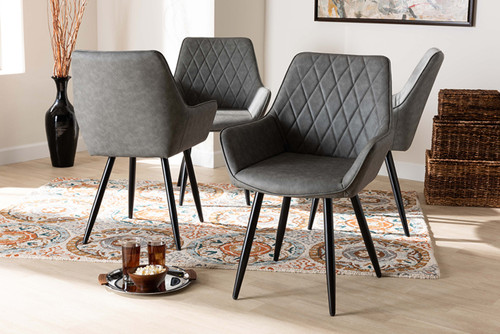 Astrid Mid-Century Contemporary Grey Faux Leather Upholstered And Black Metal 4-Piece Dining Chair Set 19A09-Grey/Black-DC