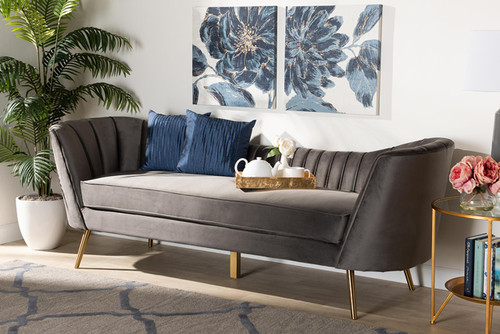 Kailyn Glam And Luxe Grey Velvet Fabric Upholstered And Gold Finished Sofa TSF-6719-3-Grey Velvet/Gold-SF
