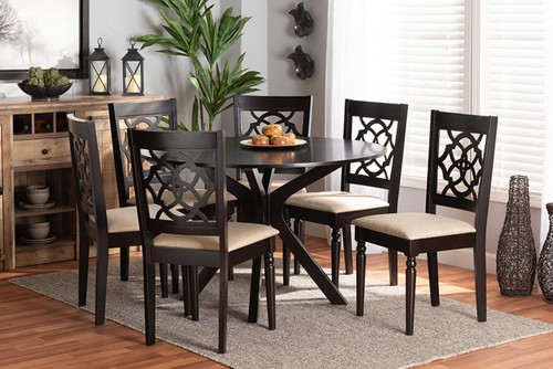 Sadie Modern And Contemporary Sand Fabric Upholstered And Dark Brown Finished Wood 7-Piece Dining Set Sadie-Sand/Dark Brown-7PC Dining Set