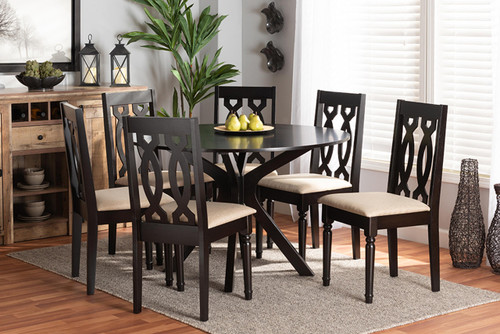 Callie Modern And Contemporary Sand Fabric Upholstered And Dark Brown Finished Wood 7-Piece Dining Set Callie-Sand/Dark Brown-7PC Dining Set