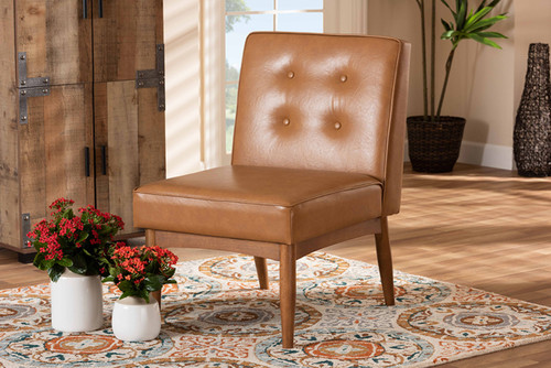 Arvid Mid-Century Modern Tan Faux Leather Upholstered And Walnut Brown Finished Wood Dining Chair BBT8051-Tan/Walnut-CC