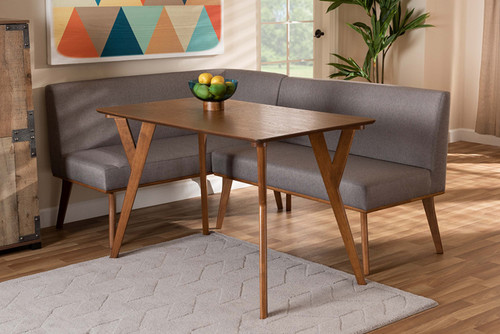 Odessa Mid-Century Modern Grey Fabric Upholstered And Walnut Brown Finished Wood 3-Piece Dining Nook Set BBT8054-Grey/Walnut-3PC Dining Nook Set