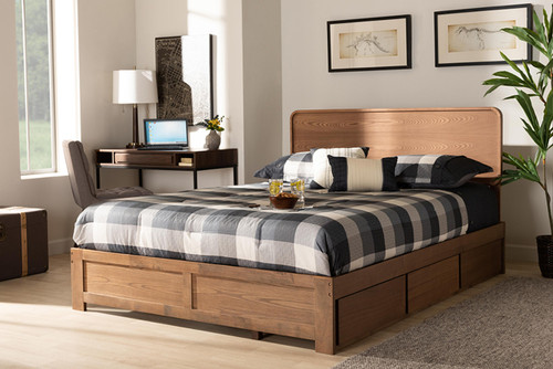 Eleni Modern And Contemporary Transitional Dark Grey Fabric Upholstered And Ash Walnut Brown Finished Wood Queen Size 3-Drawer Platform Storage Bed Eleni-Ash Walnut-Queen