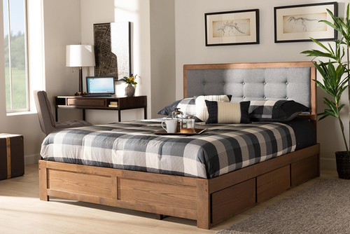 Lene Modern And Contemporary Transitional Dark Grey Fabric Upholstered And Ash Walnut Brown Finished Wood Queen Size 3-Drawer Platform Storage Bed Lene-Dark Grey/Ash Walnut-Queen