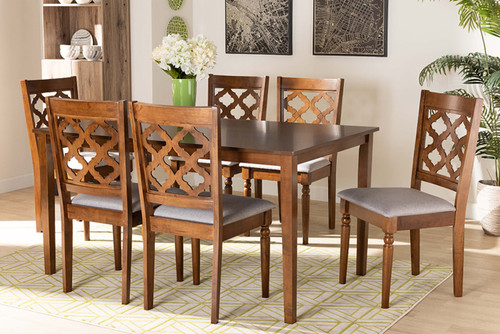 Ramiro Modern And Contemporary Grey Fabric Upholstered And Walnut Brown Finished Wood 7-Piece Dining Set RH336C-Grey/Walnut-7PC Dining Set