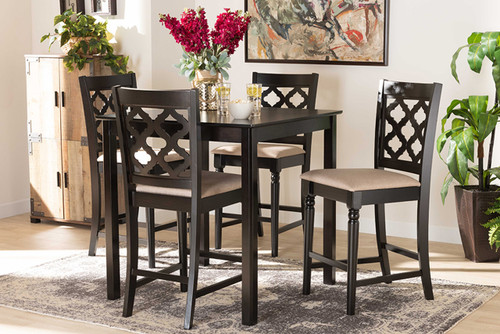 Ramiro Modern And Contemporary Transitional Sand Fabric Upholstered And Dark Brown Finished Wood 5-Piece Pub Set RH336P-Sand/Dark Brown-5PC Pub Set