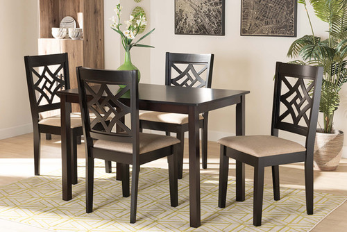 Nicolette Modern And Contemporary Sand Fabric Upholstered And Dark Brown Finished Wood 5-Piece Dining Set RH340C-Sand/Dark Brown-5PC Dining Set