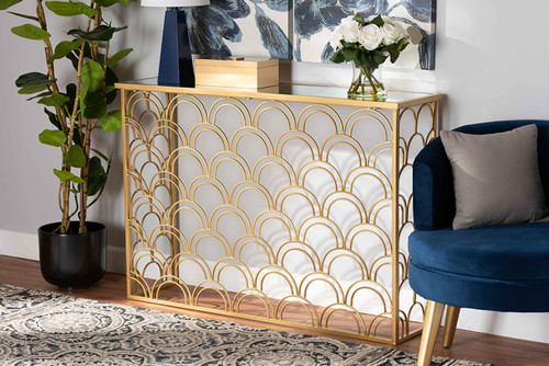 Dawson Glam And Luxe Brushed Gold Finished Metal And Glass Console Table JY20A252-Gold-Console