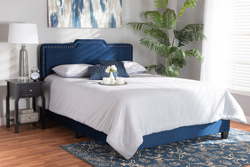 Benjen Modern And Contemporary Glam Navy Blue Velvet Fabric Upholstered Full Size Panel Bed CF9210C-Navy Blue Velvet-Full