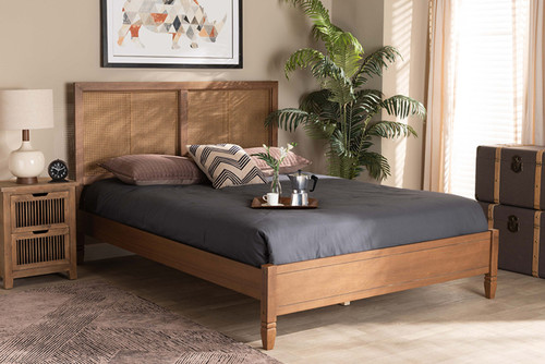 Redmond Mid-Century Modern Walnut Brown Finished Wood And Synthetic Rattan Full Size Platform Bed MG-0021-4-Walnut-Full