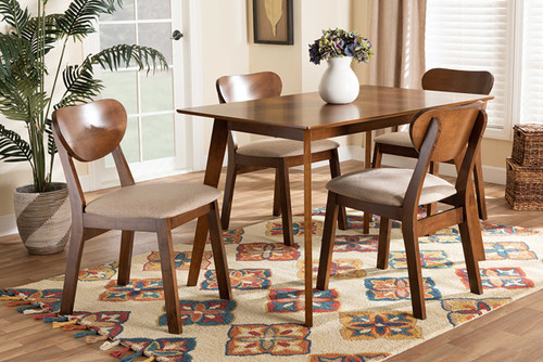 Damara Mid-Century Modern Sand Fabric Upholstered And Walnut Brown Finished Wood 5-Piece Dining Set RH367C-Sand/Walnut-5PC Dining Set