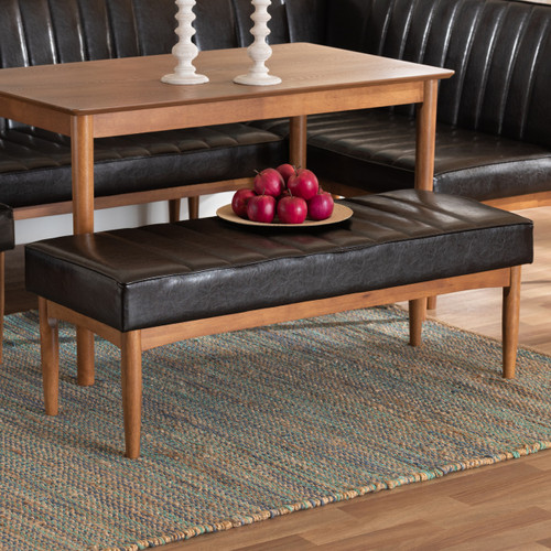 Daymond Mid-Century Modern Dark Brown Faux Leather Upholstered And Walnut Brown Finished Wood Dining Bench BBT8051.12-Dark Brown/Walnut-Bench