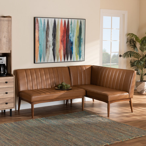 Daymond Mid-Century Modern Tan Faux Leather Upholstered And Walnut Brown Finished Wood 2-Piece Dining Nook Banquette Set BBT8051.12-Tan/Walnut-2PC SF Bench