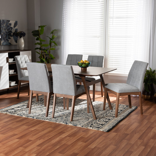 Tara Mid-Century Modern Light Grey Fabric Upholstered And Walnut Brown Finished Wood 7-Piece Dining Set RDC714-Light Grey/Walnut-7PC Dining Set