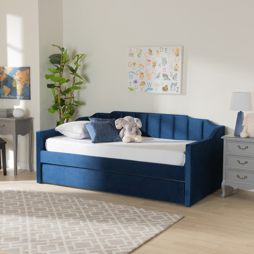Lennon Modern And Contemporary Navy Blue Velvet Fabric Upholstered Twin Size Daybed With Trundle CF9172-Navy Blue Velvet-Daybed-T/T
