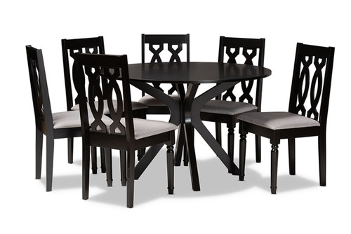 Callie Modern And Contemporary Grey Fabric Upholstered And Dark Brown Finished Wood 7-Piece Dining Set Callie-Grey/Dark Brown-7PC Dining Set