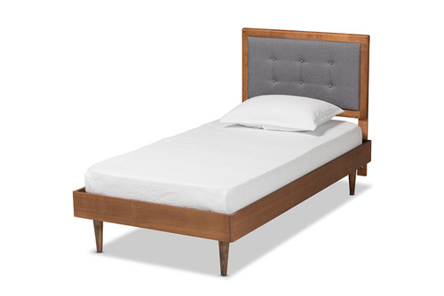 Greta Mid-Century Modern Dark Grey Fabric Upholstered And Walnut Brown Finished Wood Twin Size Platform Bed Greta-Dark Grey/Ash Walnut-Twin
