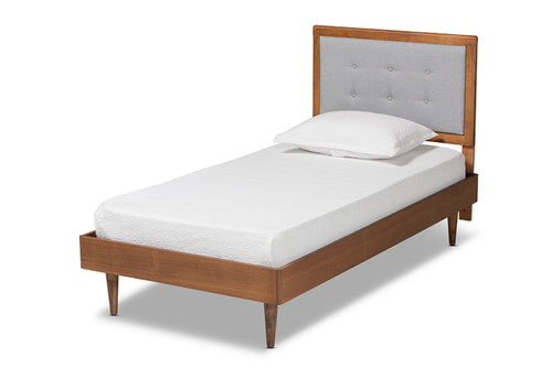 Greta Mid-Century Modern Light Grey Fabric Upholstered And Walnut Brown Finished Wood Twin Size Platform Bed Greta-Light Grey/Ash Walnut-Twin