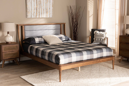 Regis Modern And Contemporary Transitional Light Grey Fabric Upholstered And Walnut Brown Finished Wood Full Size Platform Bed MG0067-Light Grey/Walnut-Full
