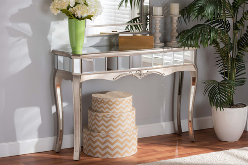 Elgin Contemporary Glam And Luxe Brushed Silver Finished Wood And Mirrored Glass Console Table JY16897-Silver-Console