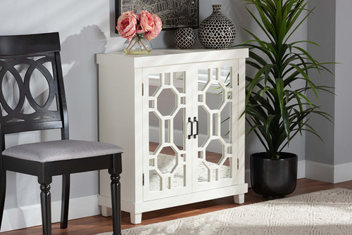 Carlena Modern And Contemporary White Finished Wood And Mirrored Glass 2-Door Sideboard JY20B076-White/Mirror-Sideboard