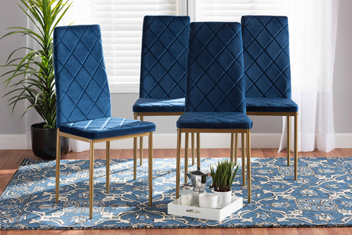 Blaise Modern Luxe and Glam Navy Blue Velvet Fabric Upholstered and Gold Finished Metal 4-Piece Dining Chair Set 112157-4-Navy Blue Velvet/Gold-DC