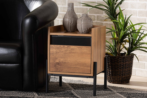 Tasman Modern and Contemporary Industrial Natural Brown Finished Wood and Black Metal End Table HIF-007-Natural/Black