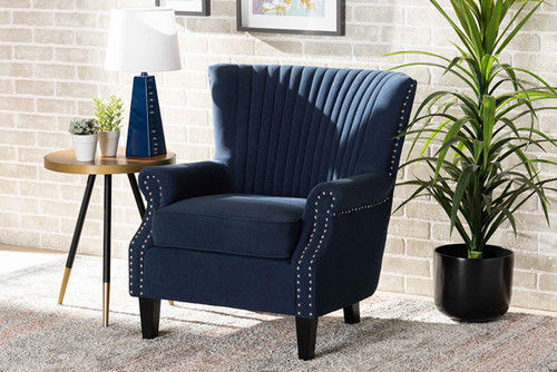Wilhelm Classic and Traditional Navy Blue Velvet Fabric Upholstered and Dark Brown Finished Wood Armchair HH-056-Velvet Blue-Chair