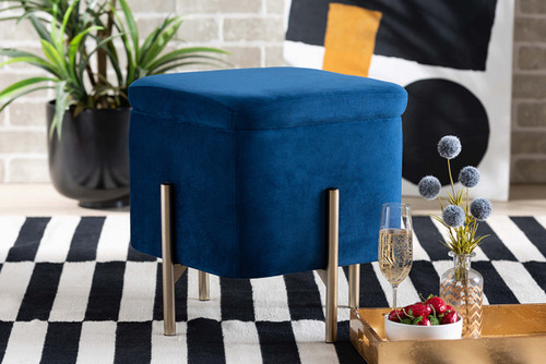 Aleron Contemporary Glam and Luxe Navy Blue Velvet Fabric Upholstered and Gold Finished Metal Storage Ottoman FZD200336-Navy Blue Velvet-Ottoman