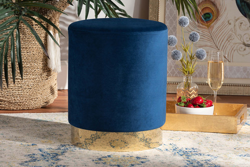 Chaela Contemporary Glam and Luxe Navy Blue Velvet Fabric Upholstered and Gold Finished Metal Ottoman FZD020219-Navy Blue Velvet-Ottoman