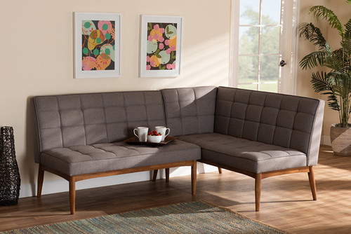 Sanford Mid-Century Modern Grey Fabric Upholstered and Walnut Brown Finished Wood 2-Piece Dining Nook Banquette Set BBT8051.11-Grey/Walnut-2PC SF Bench