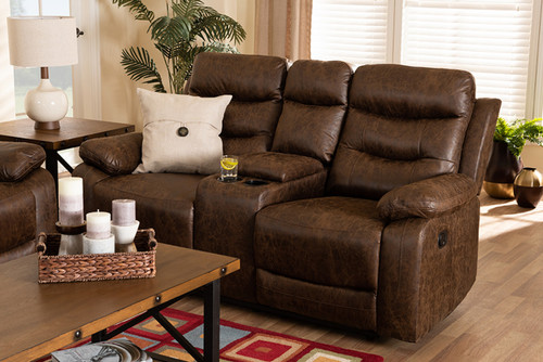 Beasely Modern and Contemporary Distressed Brown Faux Leather Upholstered 2-Seater Reclining Loveseat RR5227-Dark Brown-Loveseat
