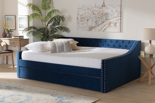 Raphael Modern and Contemporary Navy Blue Velvet Fabric Upholstered Queen Size Daybed with Trundle CF9228 -Navy Blue Velvet-Daybed-Q/T