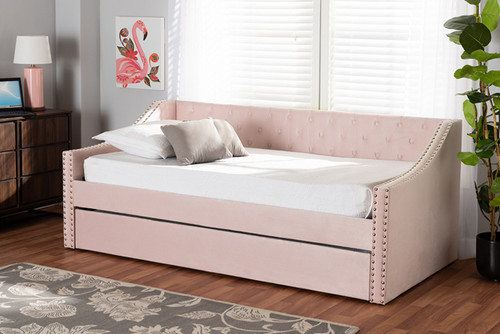 Raphael Modern and Contemporary Pink Velvet Fabric Upholstered Twin Size Daybed with Trundle CF9228 -Pink Velvet-Daybed-T/T