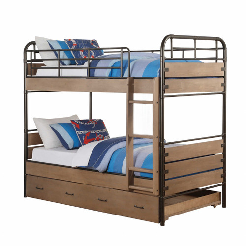 79" X 42" X 71" Antique Oak And Gunmetal Twin Over Twin Bunk Bed (318771)