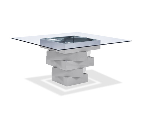 Dining Table, High Gloss Gray Lacquer Geometric Base With Mirrors, 12Mm Clear Glass Top (320783)