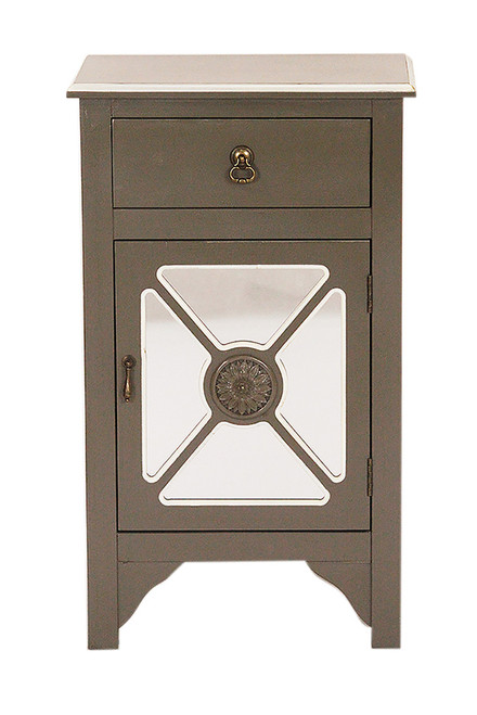 Gray Wood Mirrored Glass Accent Cabinet With A Drawer, A Door & Trellis Inserts (291855)