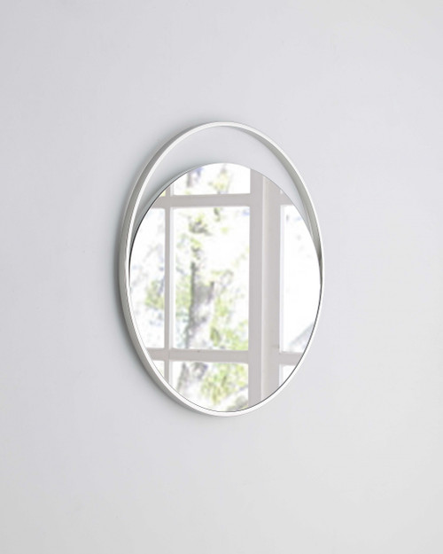 Medium Round Mirror In Matte White. Polished Stainless Steel Frame. (320819)