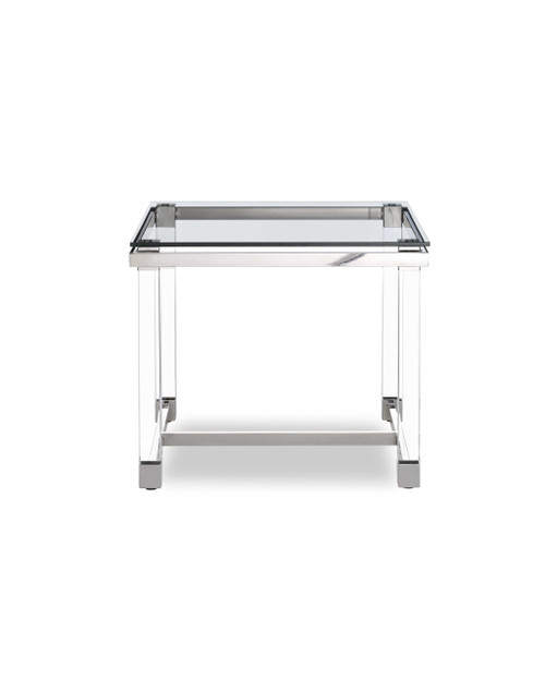 Side Table, 10 Mm Tempered Clear Glass Top, Polished Stainless Steel Frame, Acrylic Legs. (320905)