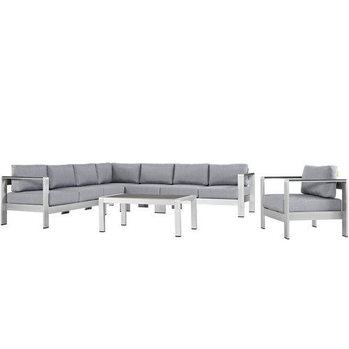 Shore 7 Piece Outdoor Patio Aluminum Sectional Sofa Set EEI-2562-SLV-GRY